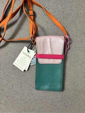 Soruka Teal & Pink Leather Crossbody Phone Pouch with Orange Strap